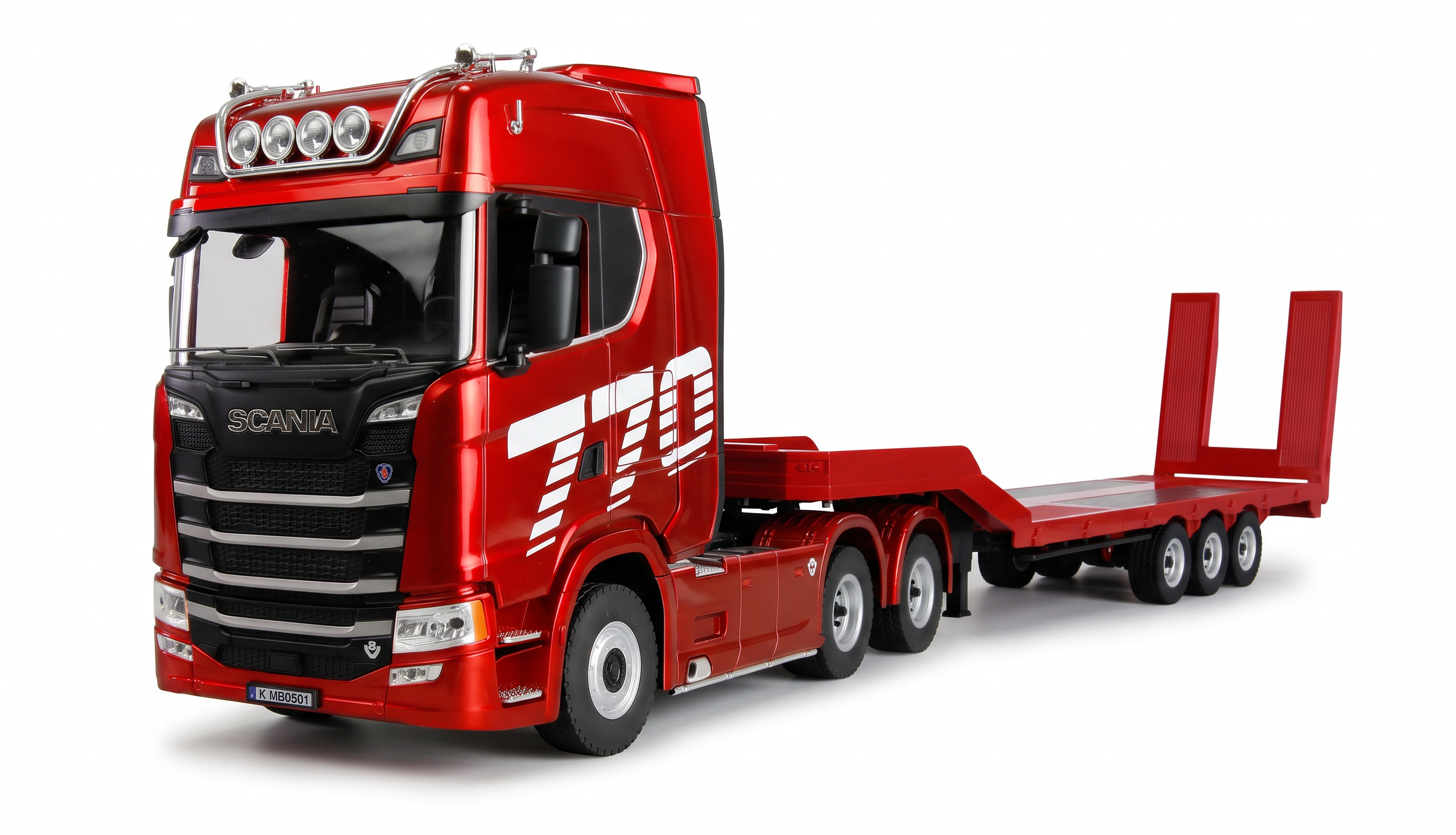 Scania 770 S Zugmaschine + Tieflader-Sattelauflieger 6×4 1:18 RTR rot